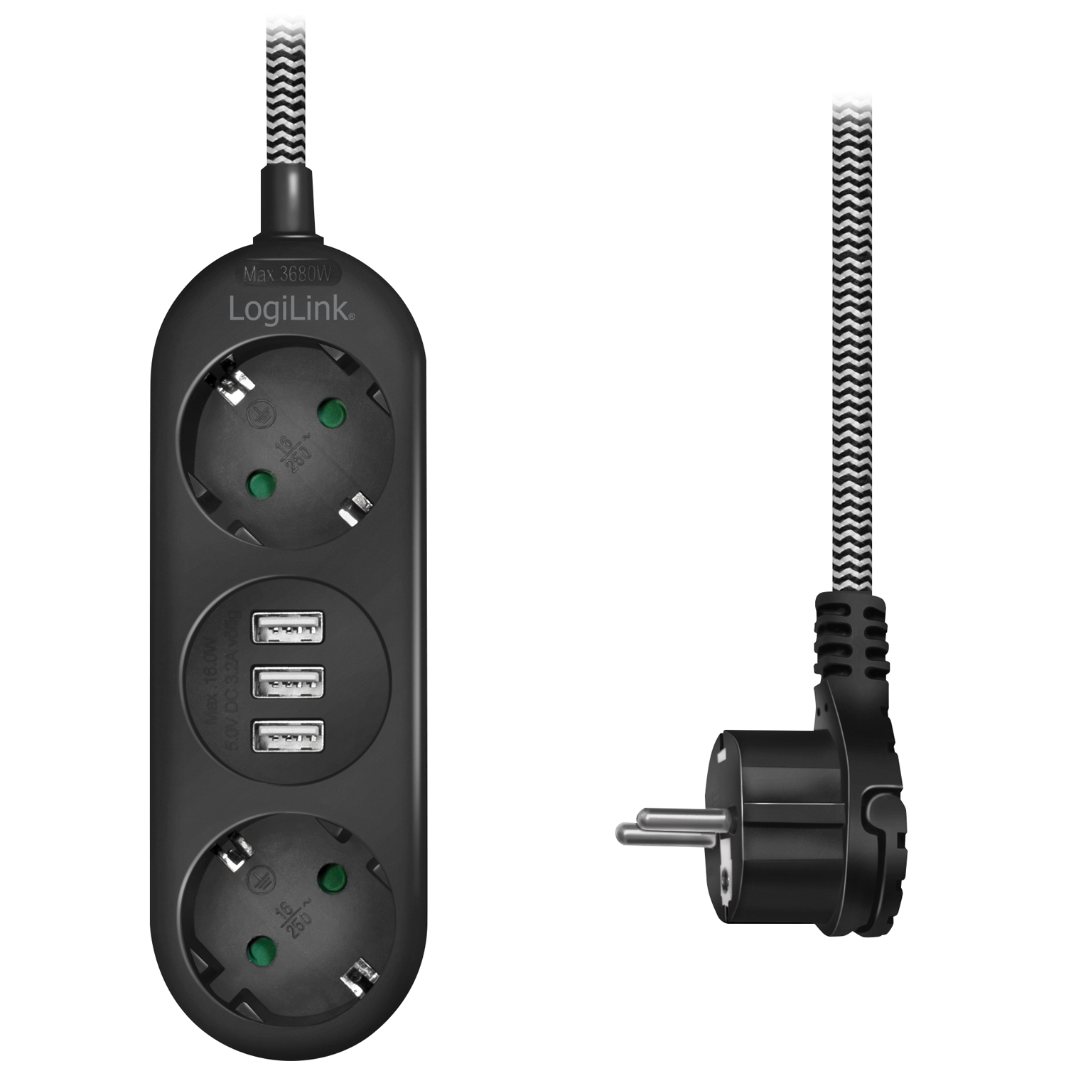 Grenuttag Jordat 2-vägs 3xUSB Flat plugg