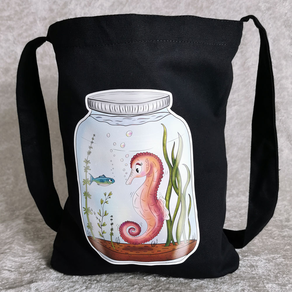 Tygkasse med långt band - Life in a jar, Seahorse