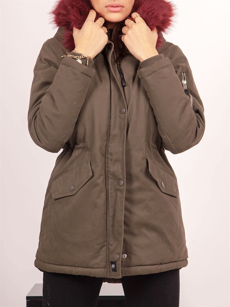 Womens Fur Lining Parka Khaki/Burgundy