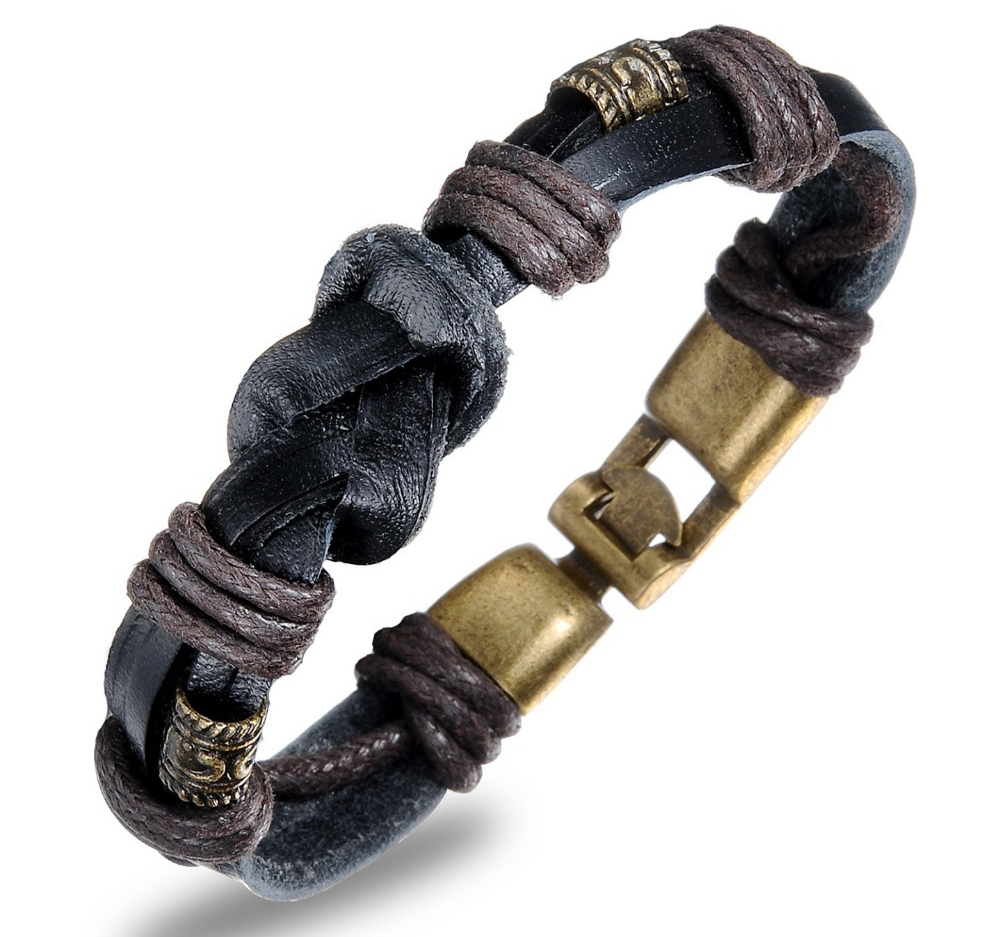 Läderarmband med bl.a repdetaljer i brunt -Antik Brons