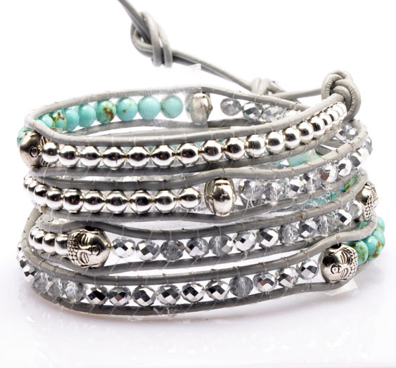 Armband Buddha med kristaller, metalldetaljer och lädersnörning -Silver/ Turkos