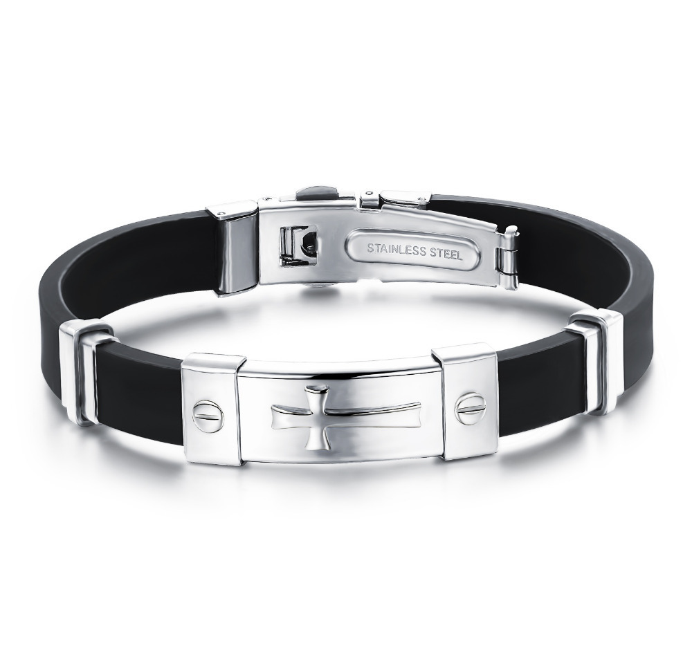 Armband i Silikon och rostfritt stål -Silver Cross