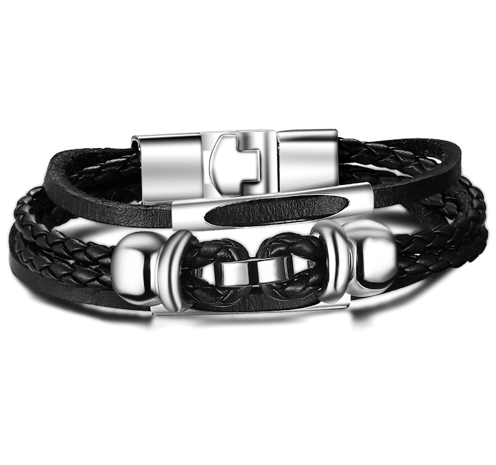 Läderarmband i Svart med rostfria detaljer