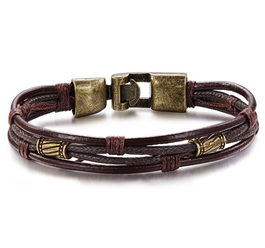 Läderarmband med bl.a repdetaljer i brunt -Antik Brons