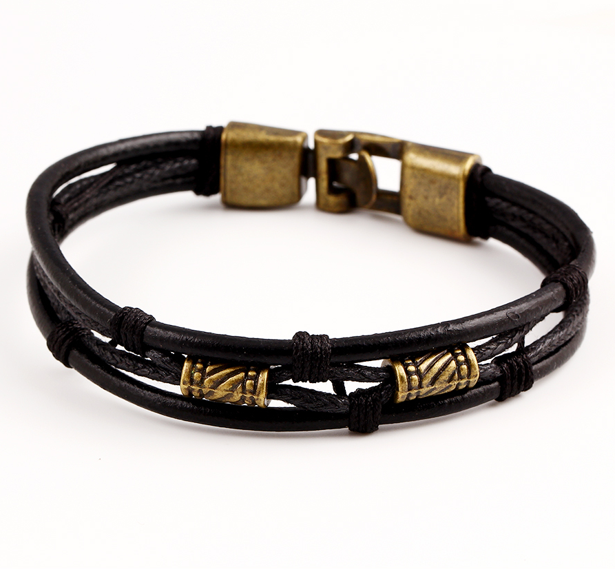 Läderarmband med bl.a repdetaljer i Svart -Antik Brons