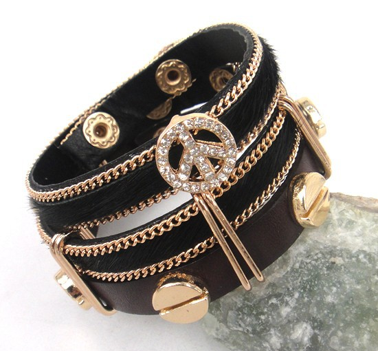 Läderarmband i två delar med kristall och metalldetaljer -Svart