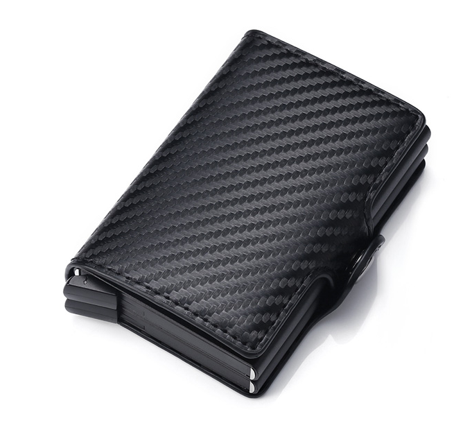 Dubbel Korthållare med smart automatisk funktion i läder - Carbon Black -med rfid blockering!