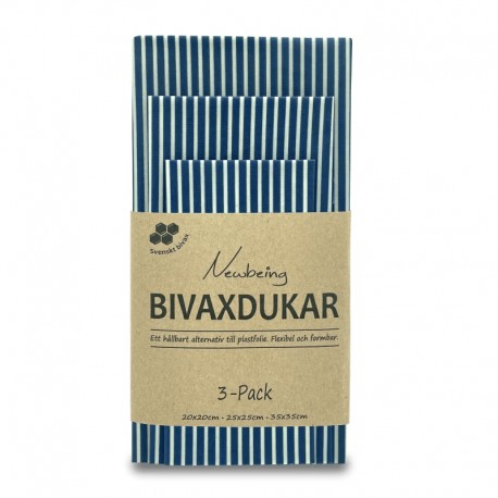 3-pack bivaxdukar blå rand, som används för hållbar förvaring av mat