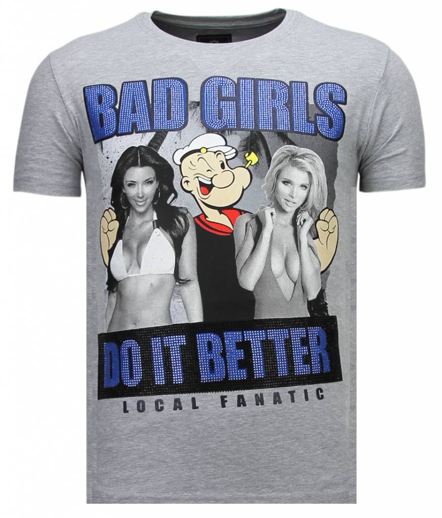Bad Girls Popeye Rhinestone - T-Shirt Herr Grå