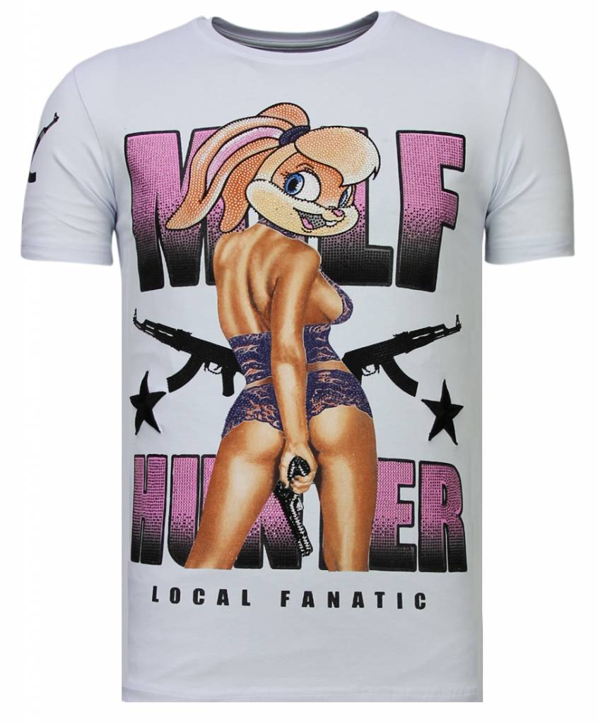 Milf Hunter Rhinestone - Man T-Shirt Vit