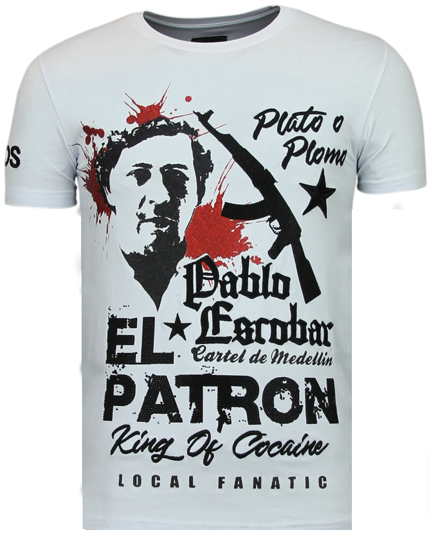 El Patron Pablo Rhinestone -Man T-Shirt Vit