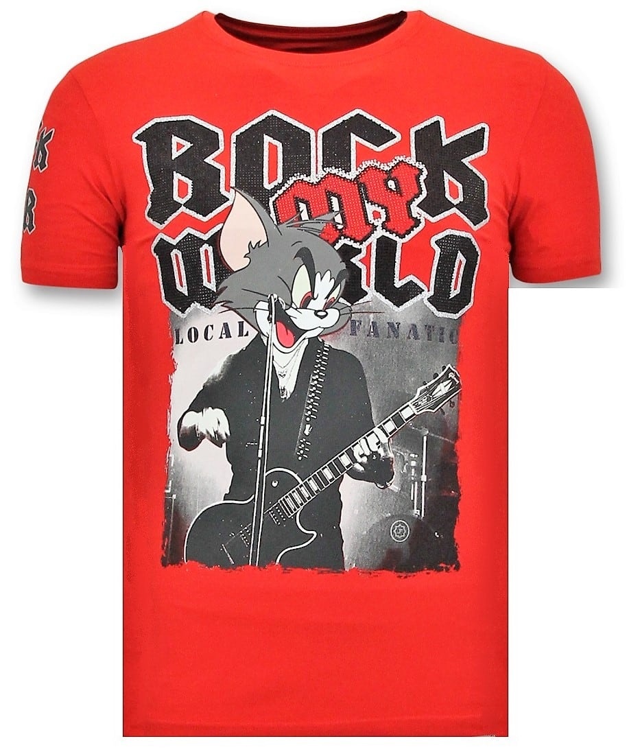 T-Shirt Män - Rock My World Cat - Röd
