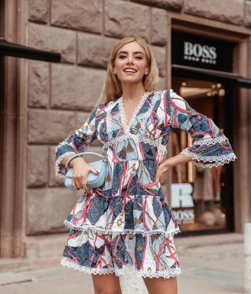 Royal Luxe Print Dress - Vit Blå