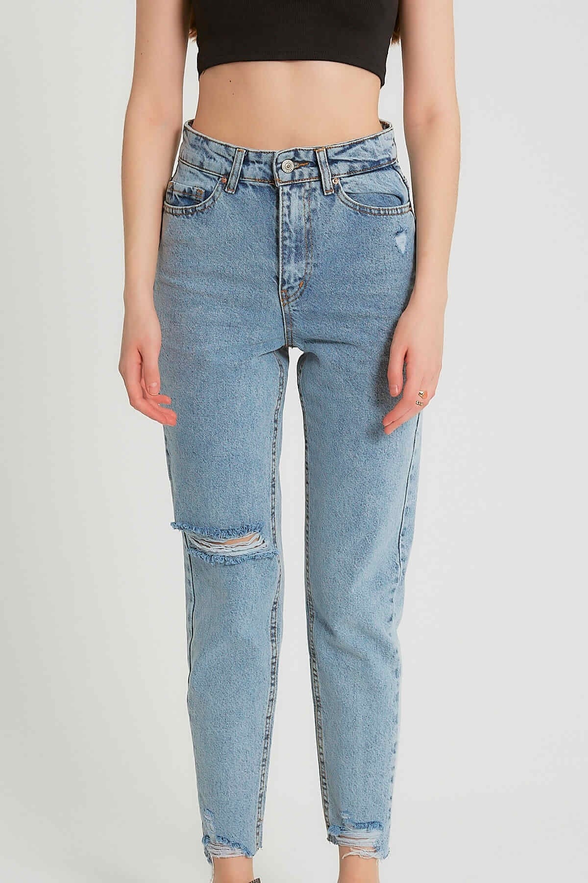 Ribbstickade Jeans Hög Midja - D - Blå