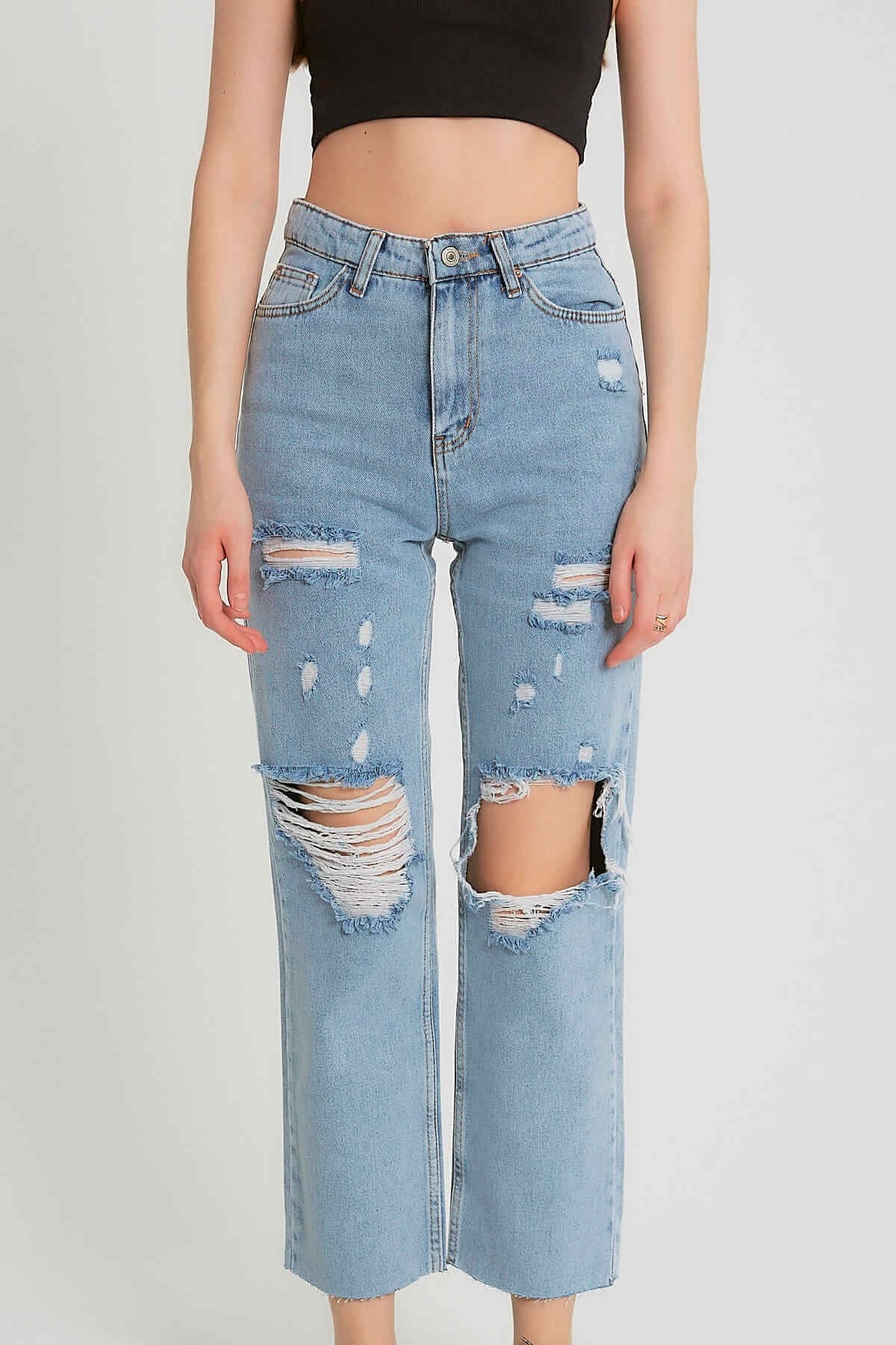 Rippade Jeans Hög Midja - D - Blå