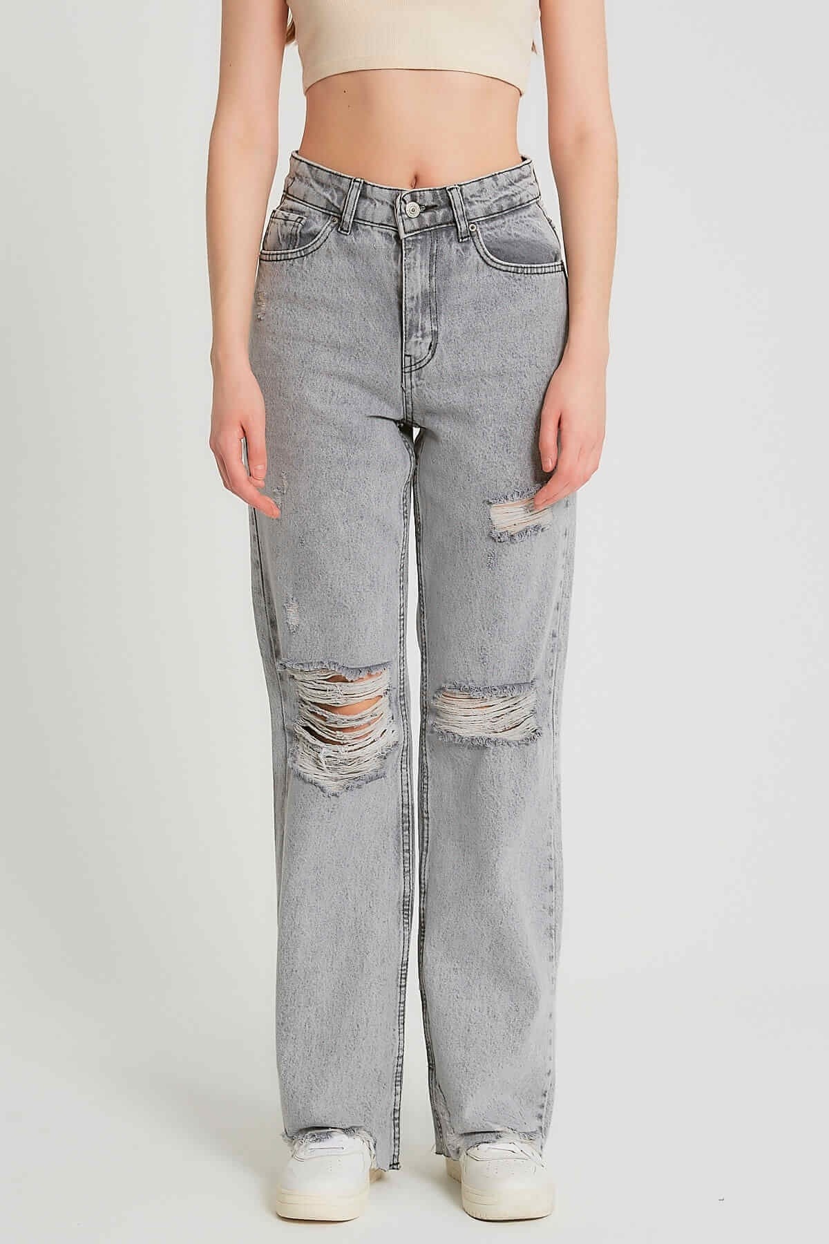 Ribbstickade Jeans Hög Midja - D - Grå