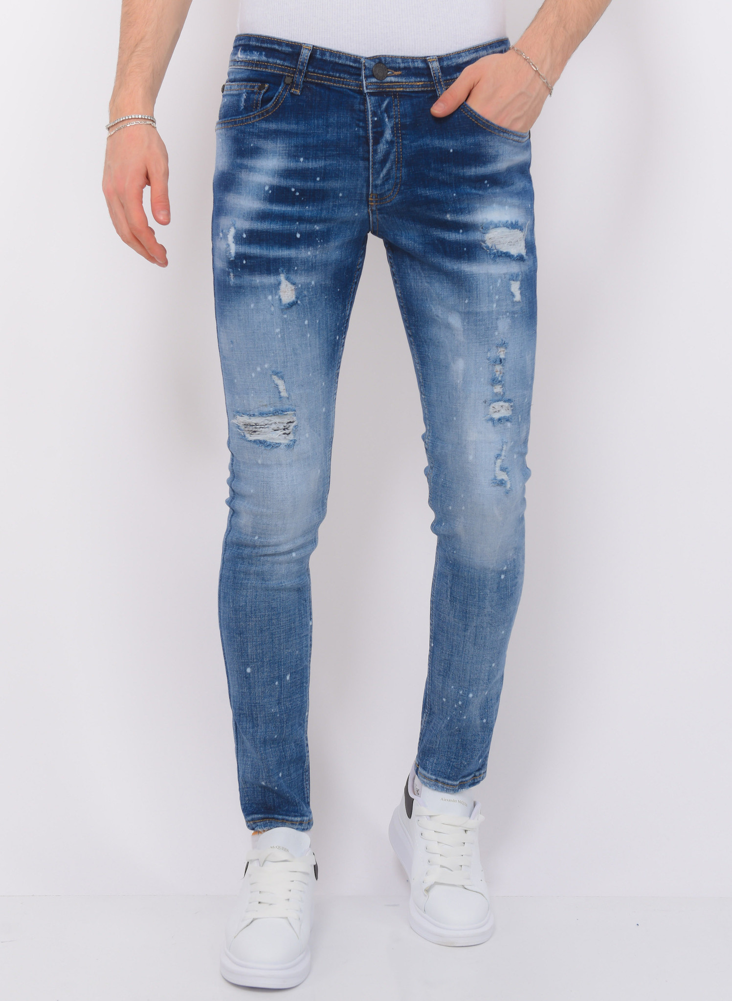 Paint Splatter Stonewashed Jeans Herr Slim Fit -- Bla