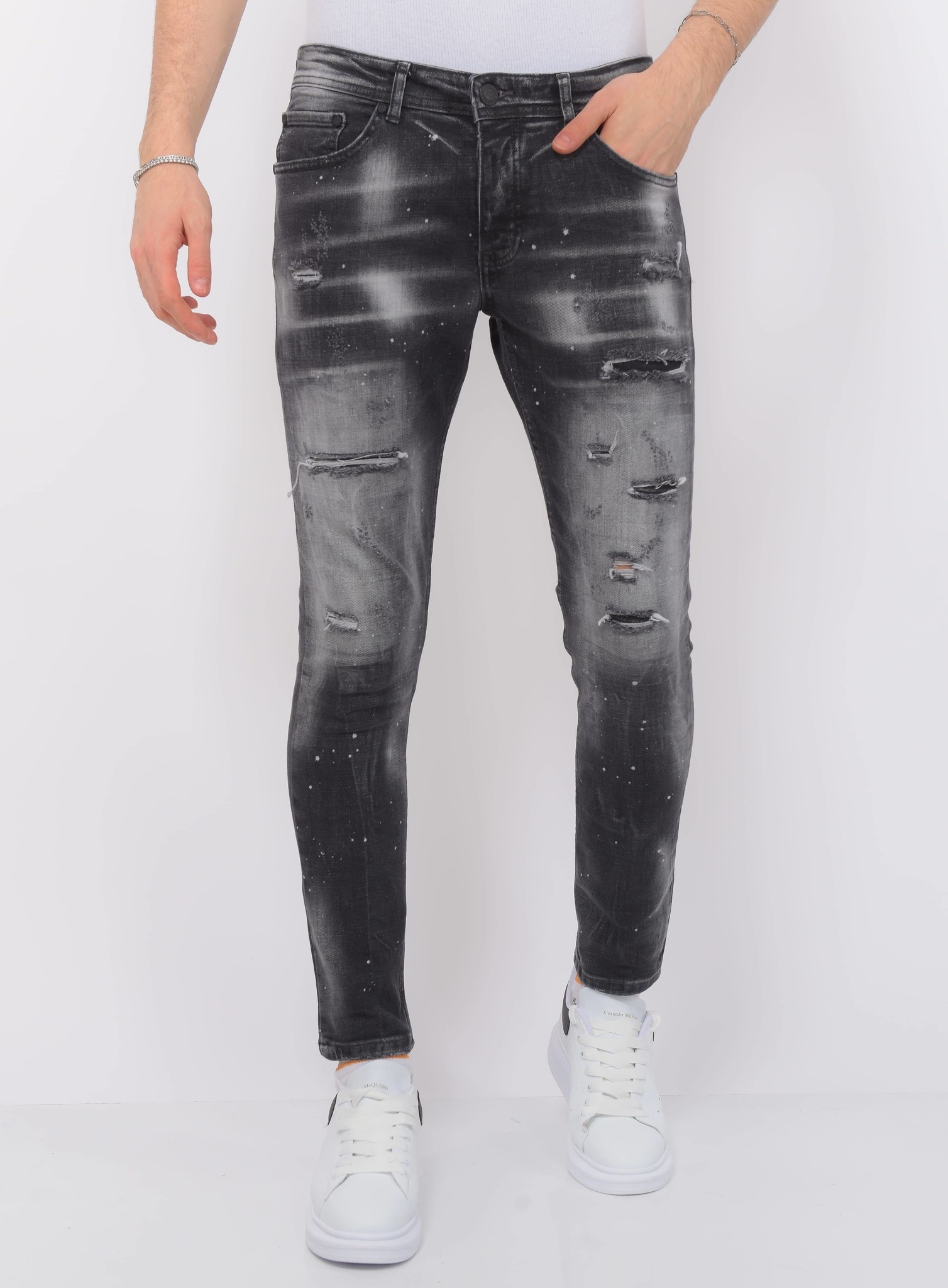 Distressed Jeans Stonewash Herr Slim Fit - Svart