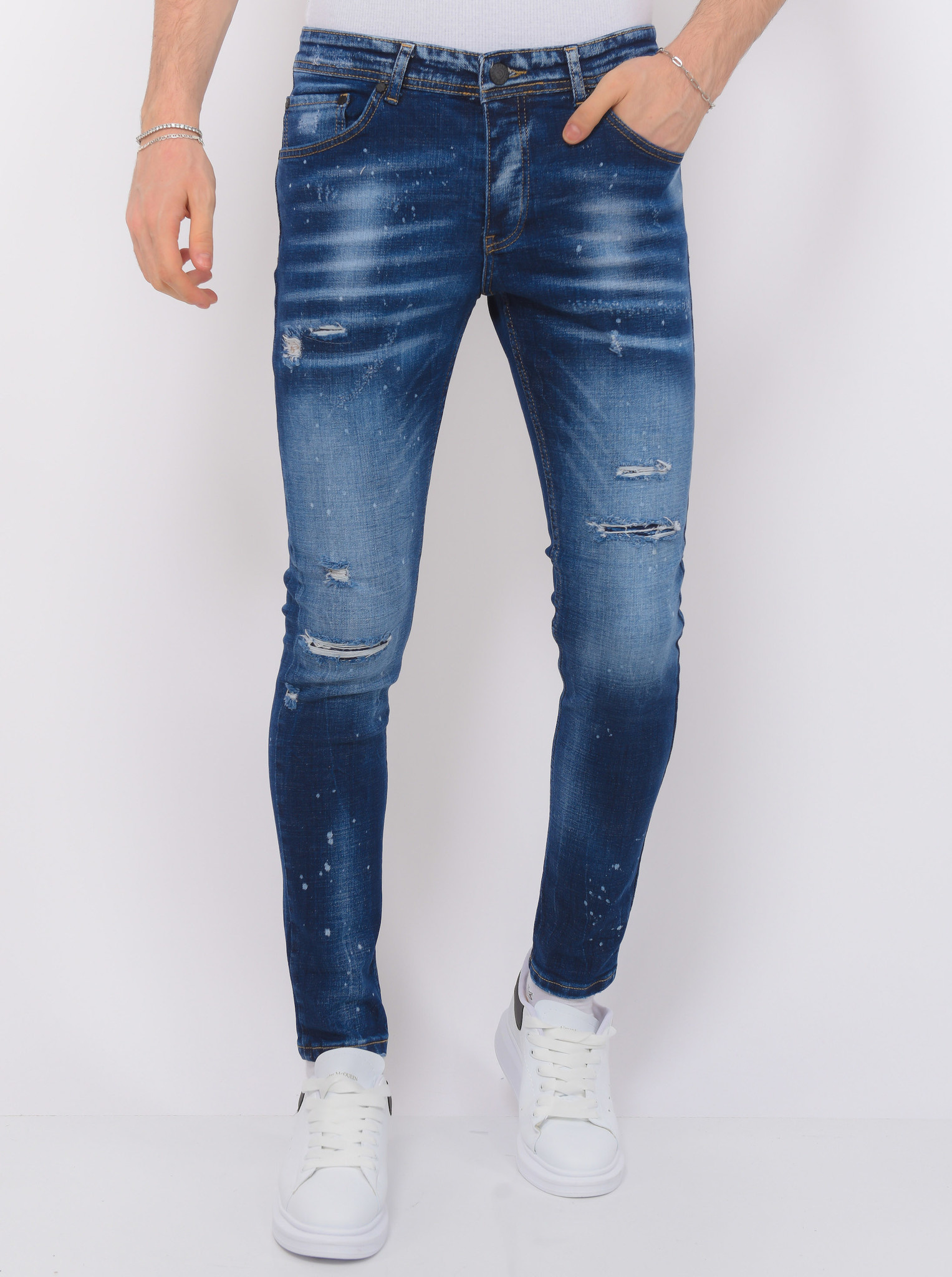 Paint Splatter Ripped Jeans Herr Slim Fit - Bla