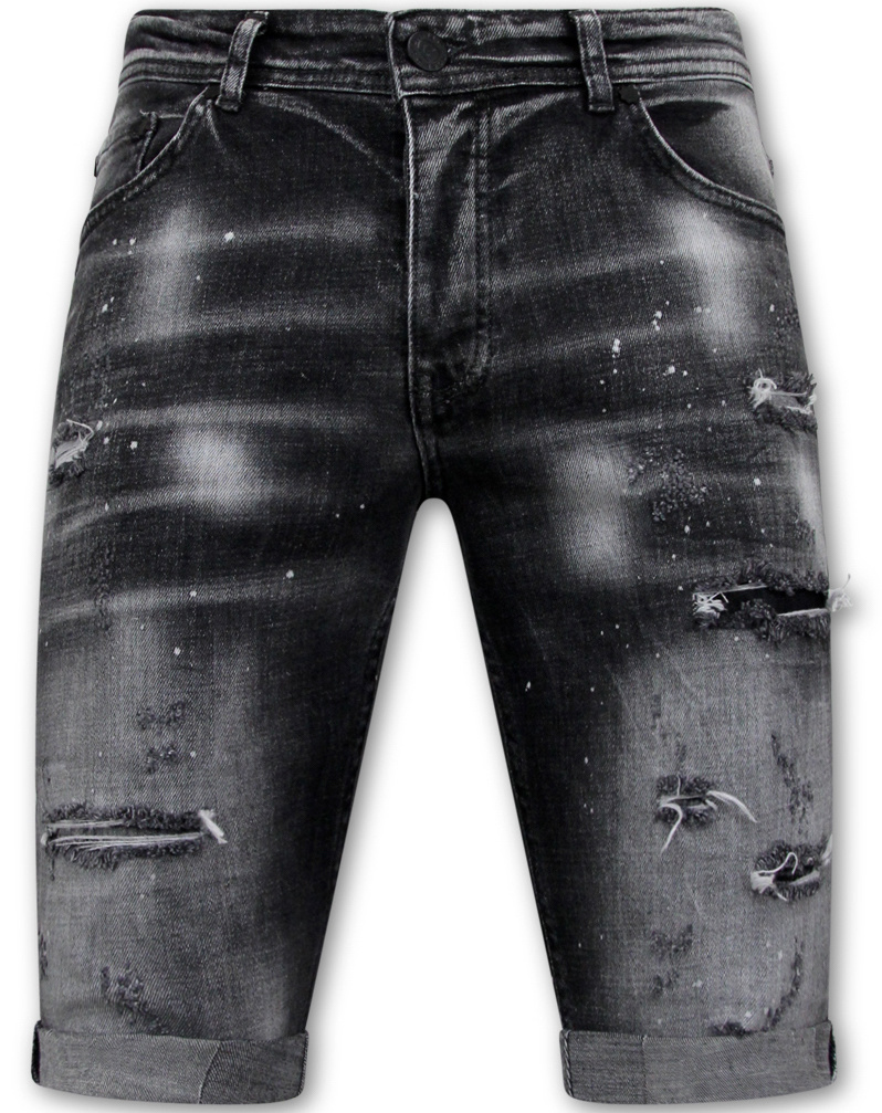 Distressed Short Stonewash Men Slim Fit -- Svart