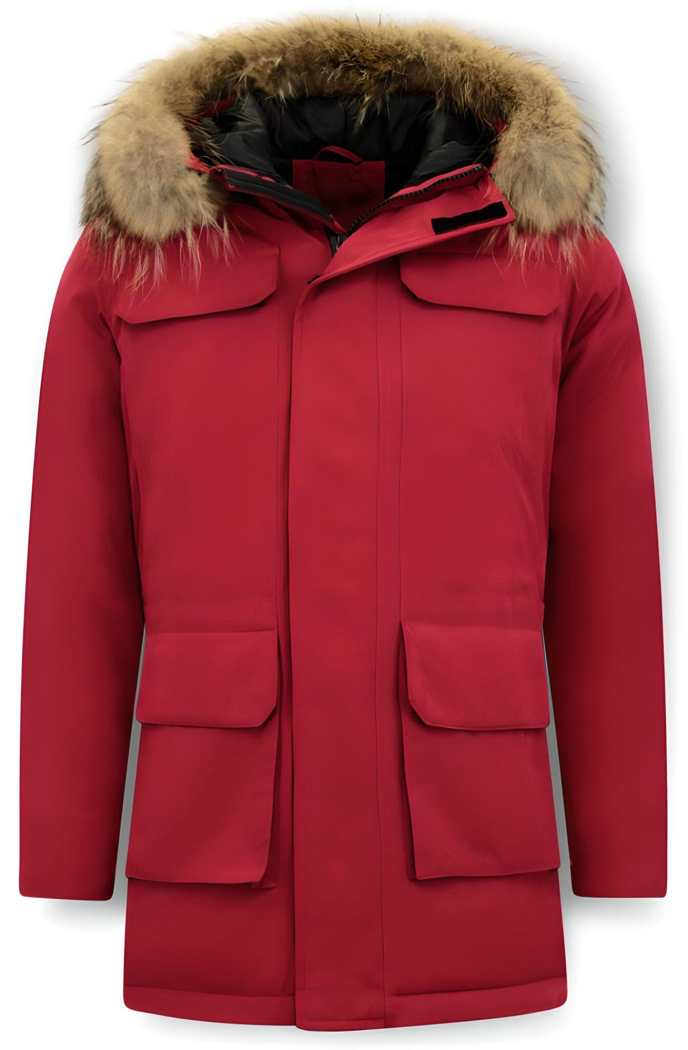 Män Parka Vinterjacka - Large Real Fur Collar - Röd