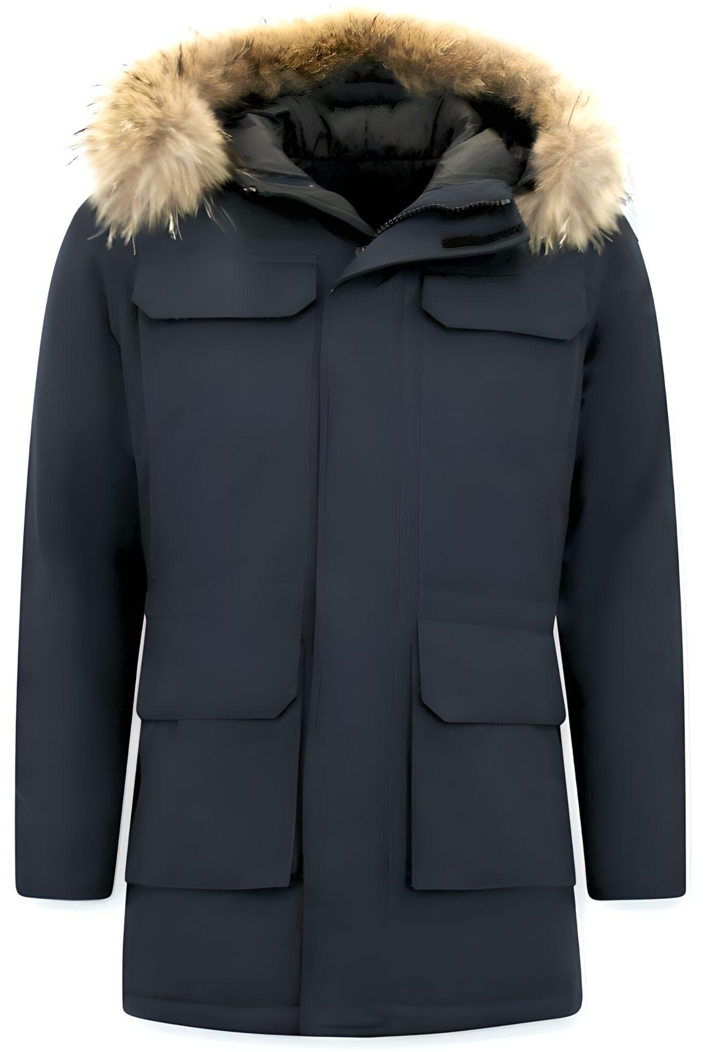 Män Parka Vinterjacka - Large Real Fur Collar - Blå