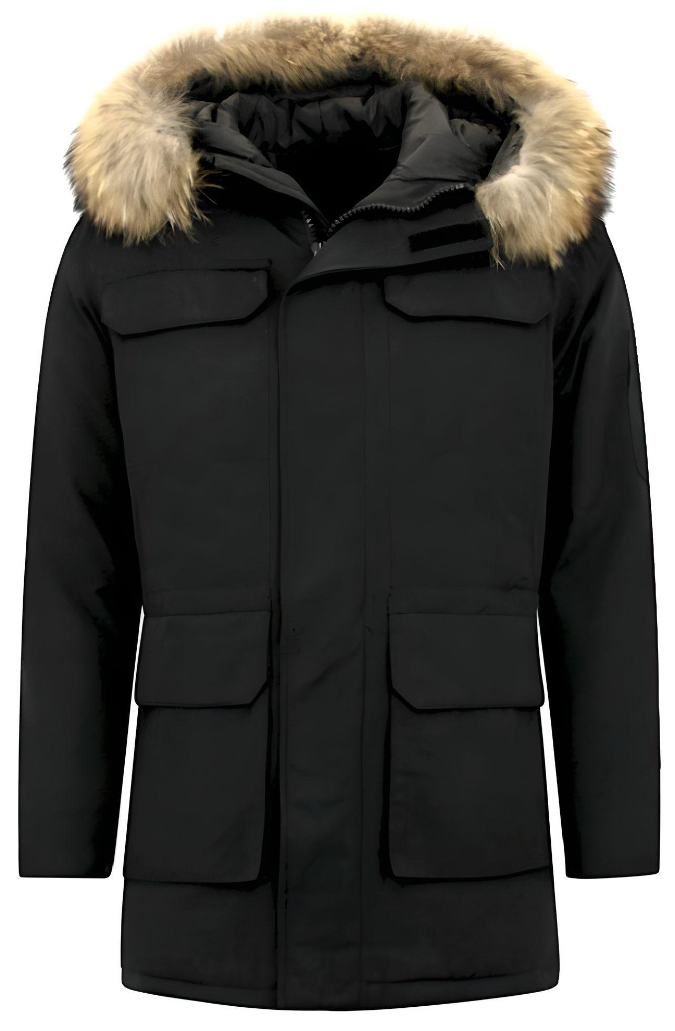 Män Parka Vinterjacka - Stora Äkta Päls Krage - Svart