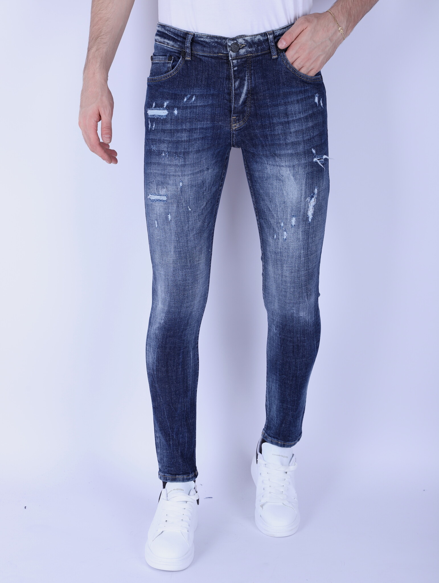 Denim Blue Stone Washed Jeans Slim Fit - Blå