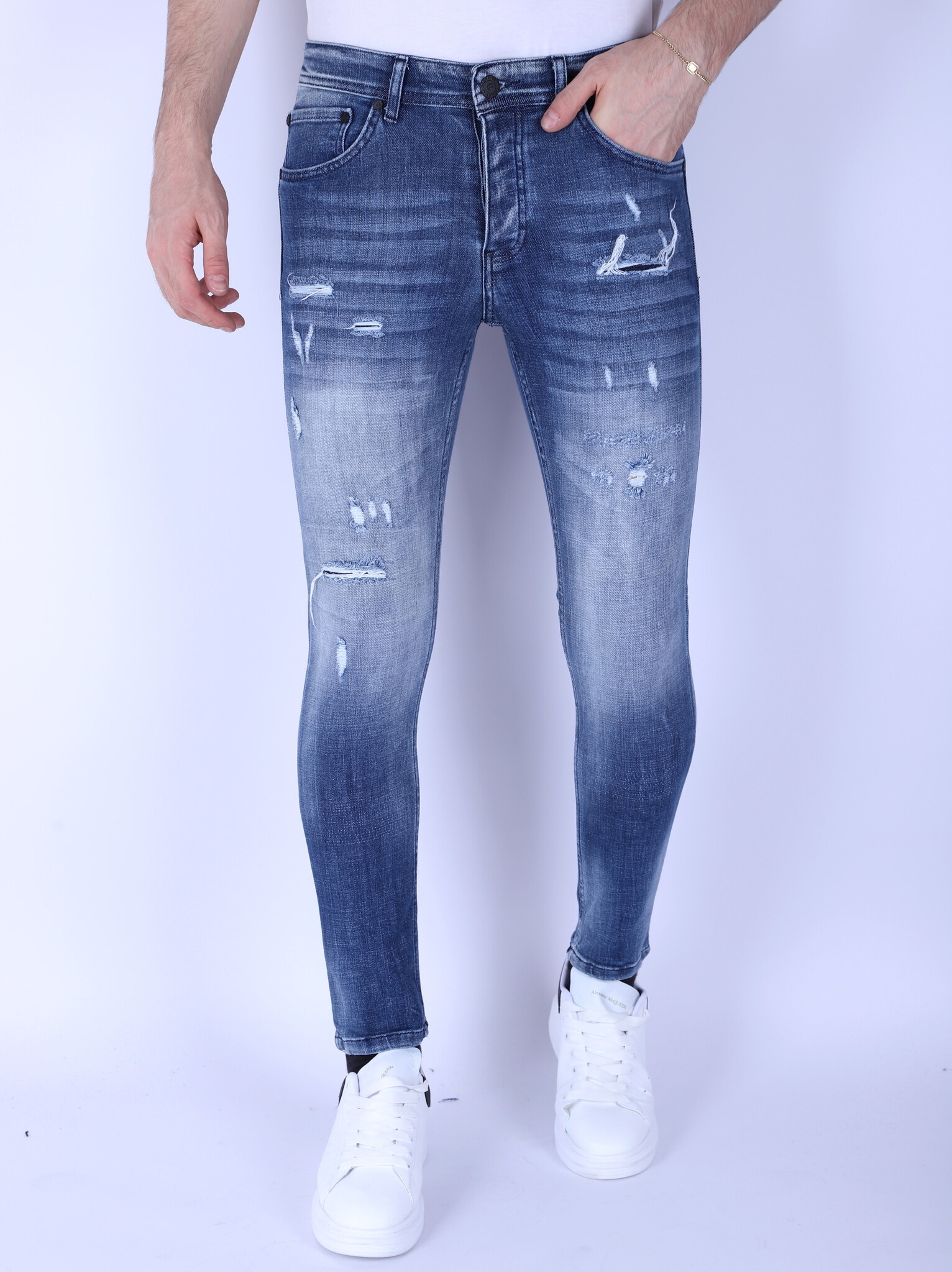 Jeans Slim Fit För Män Med Blekt Tvätt - Blå