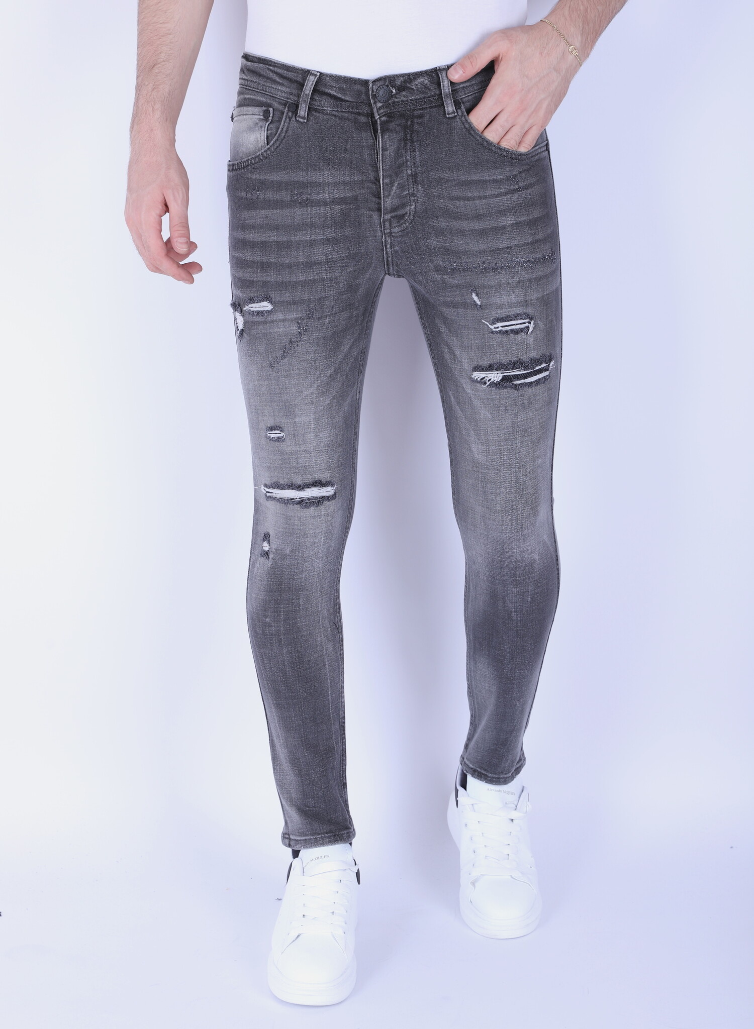 Stentvättade Slim-Fit Herrjeans Med Stretch - Grå
