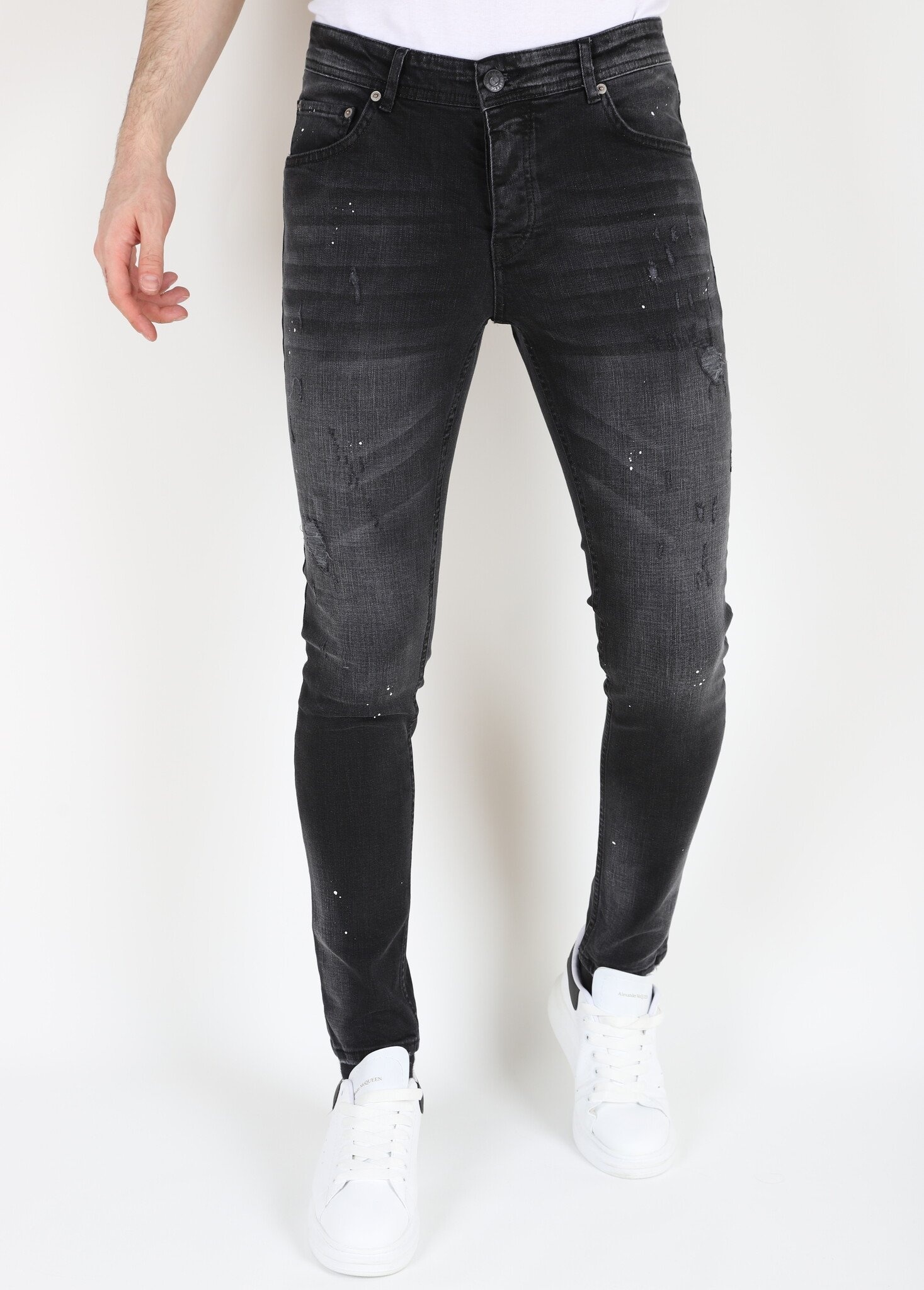 Svarta Slim Fit Stretchjeans Med Hål För Män - MM
