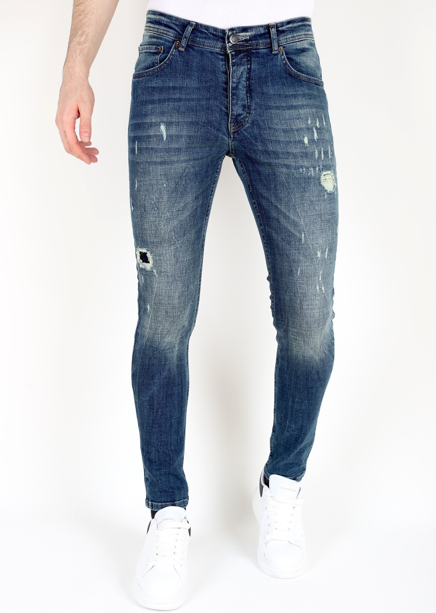 Blå Slim Fit Jeans Med Tårar Herr -MM- Blå