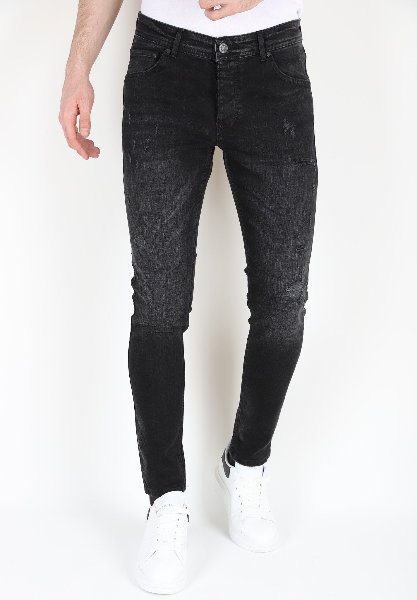 Stonewashed Slim-fit Stretchjeans För Män -MM- Svart