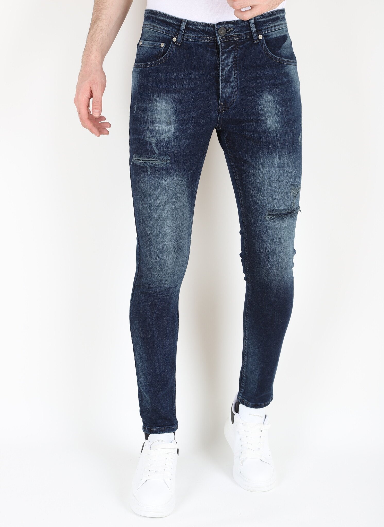 Mörkblå Stonewash Jeans Med Hål Och Streck -MM