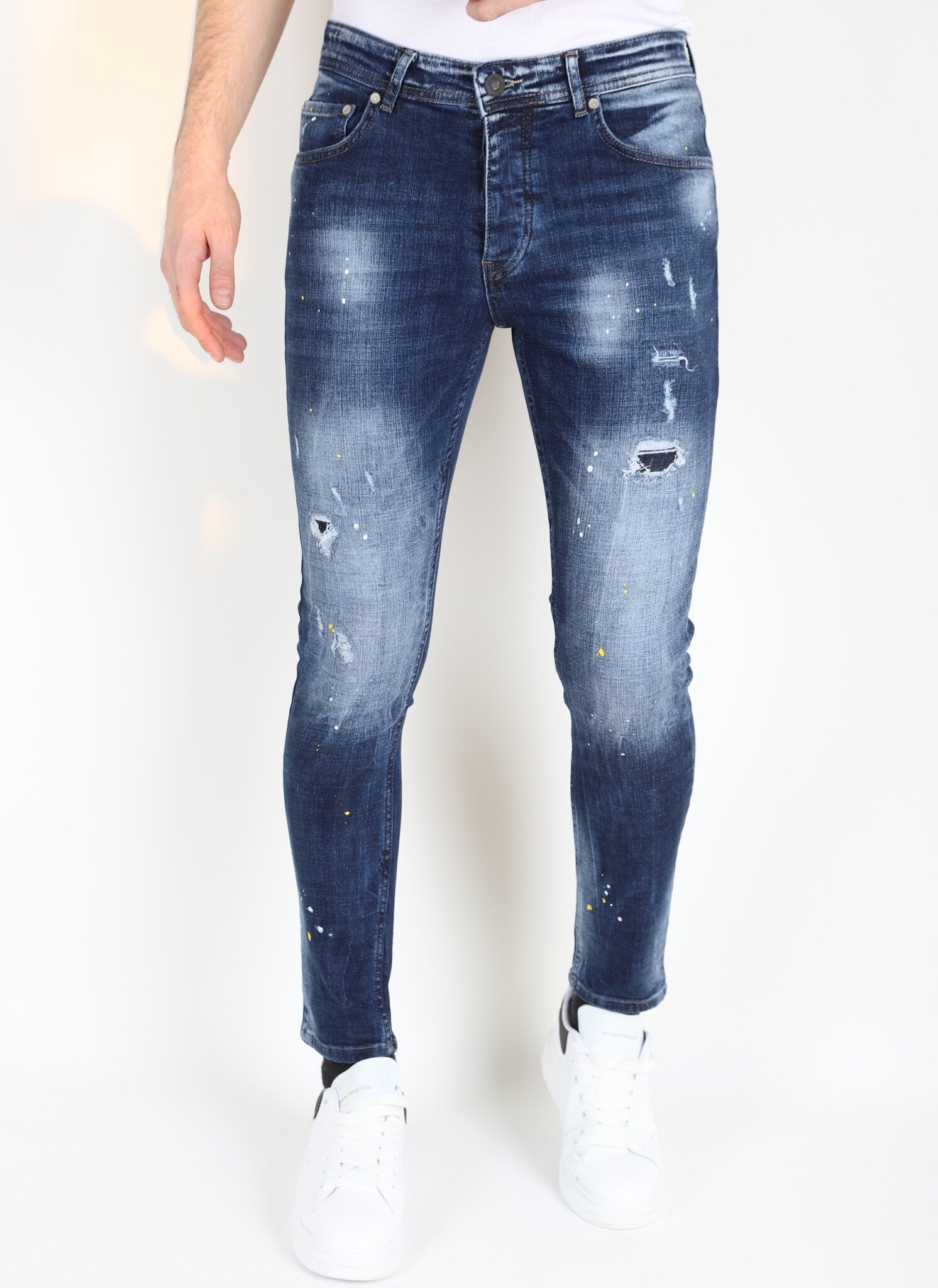 Paint Splatter Jeans Slim Fit Med Hål För Män -MM- Blå