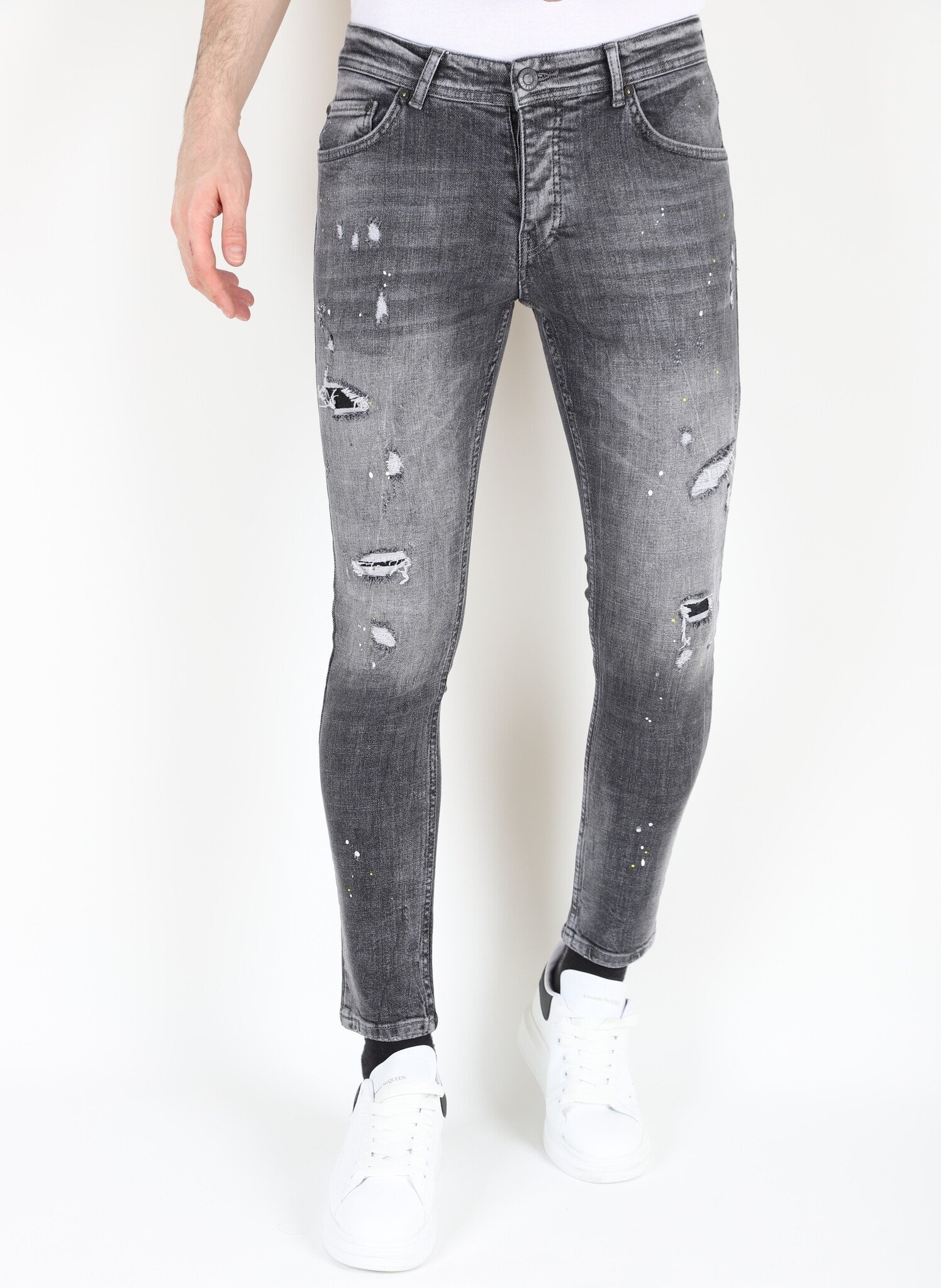 Jeans Med Färgstänk I Stretch För Män -MM- Grå