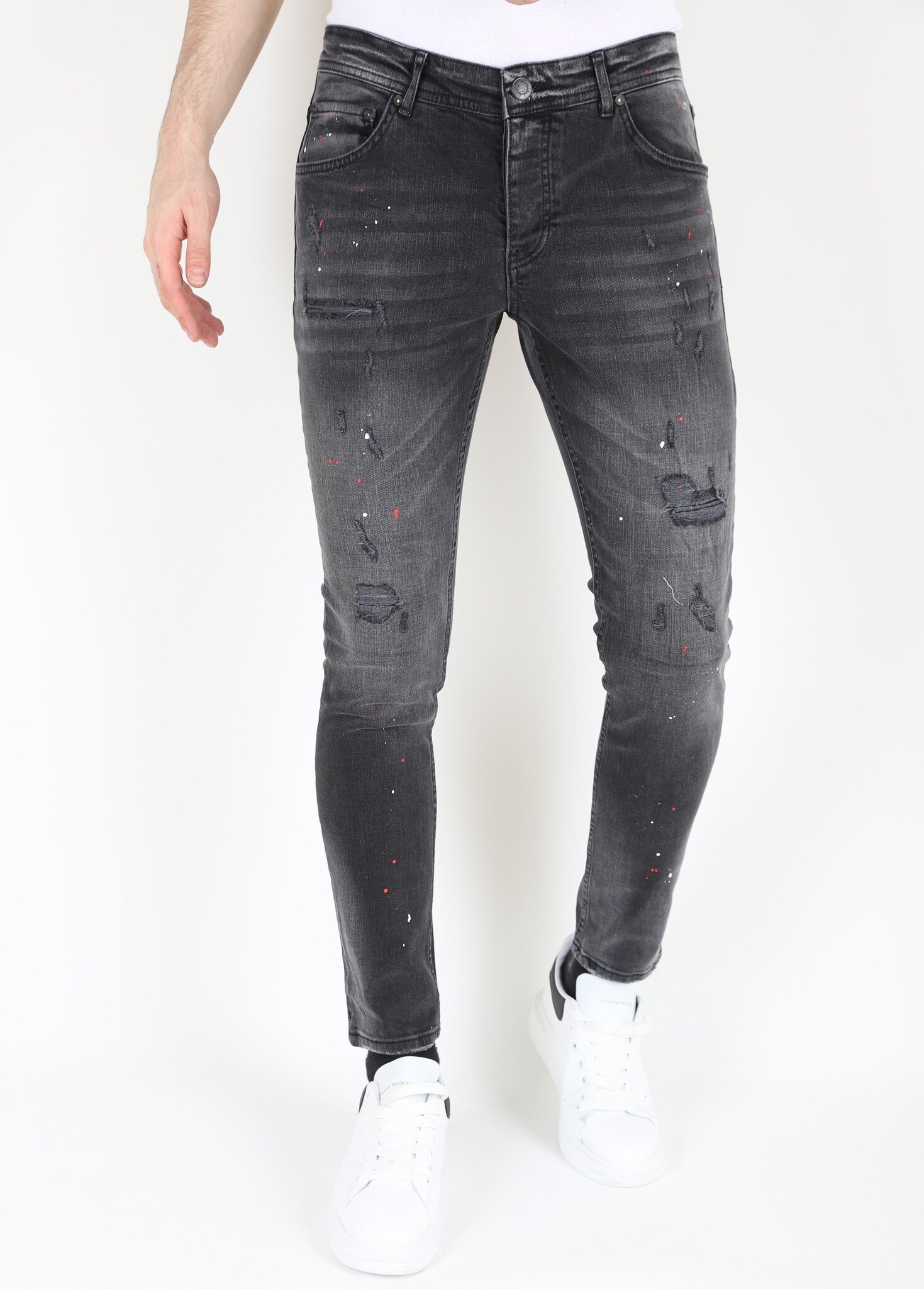 Rippade Bikerjeans Med Färgstänk I Smal Passform För Män -MM- Svart
