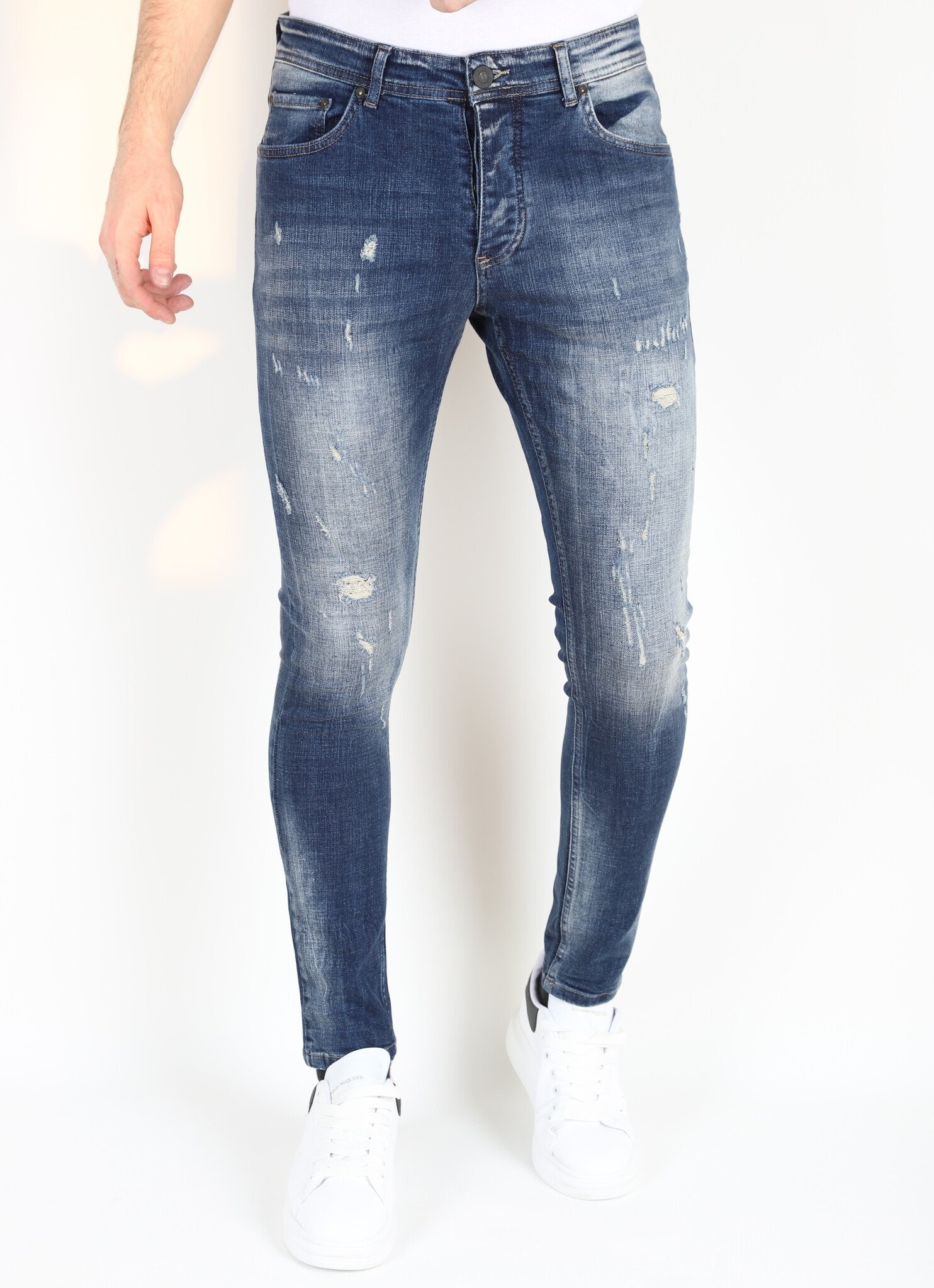 Stonewashed Slim Fit Jeans För Män Med Tårar -MM- Blå