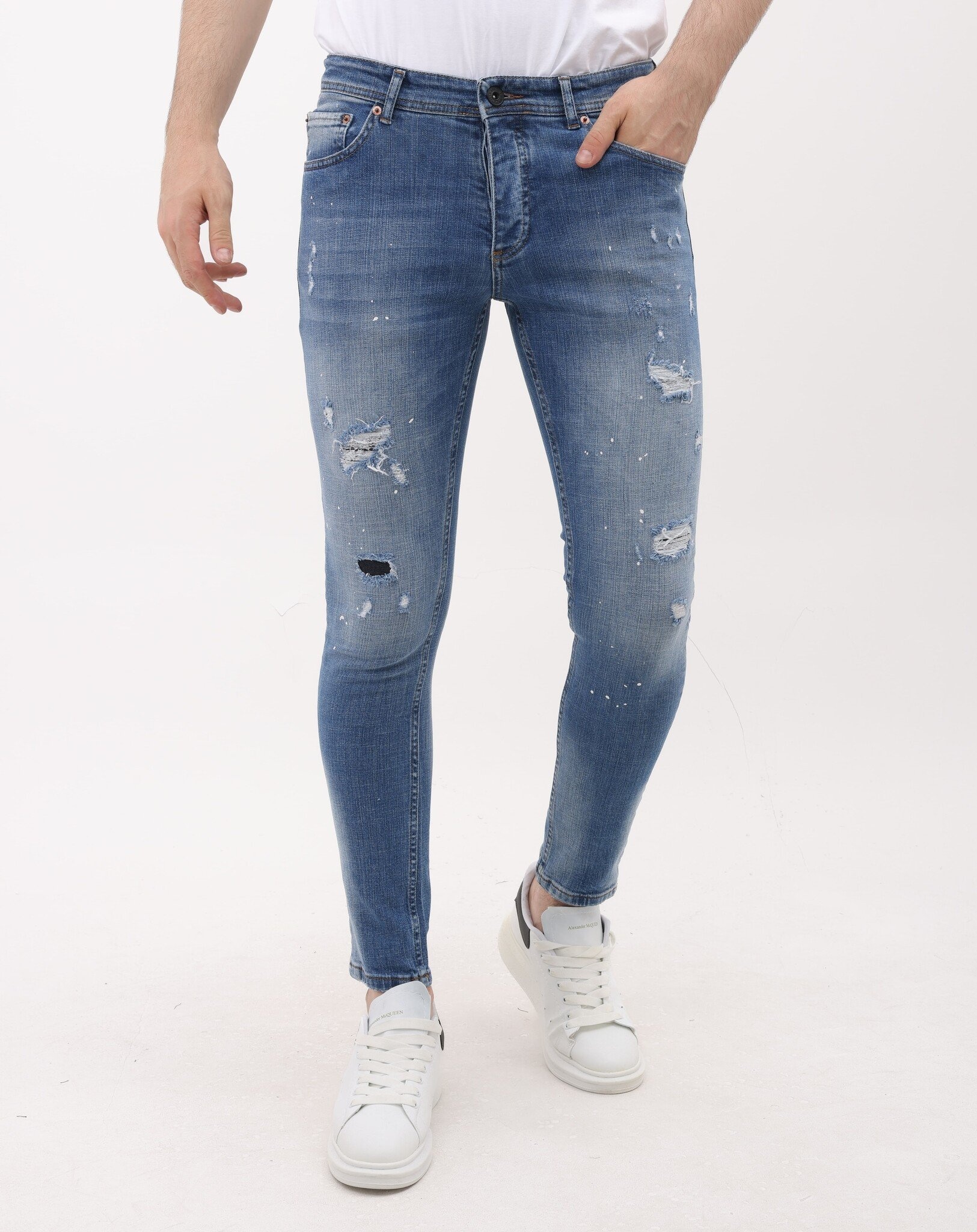 Rippade Jeans För Män Slim Fit Med Färgstänk - MM-S- - Blå