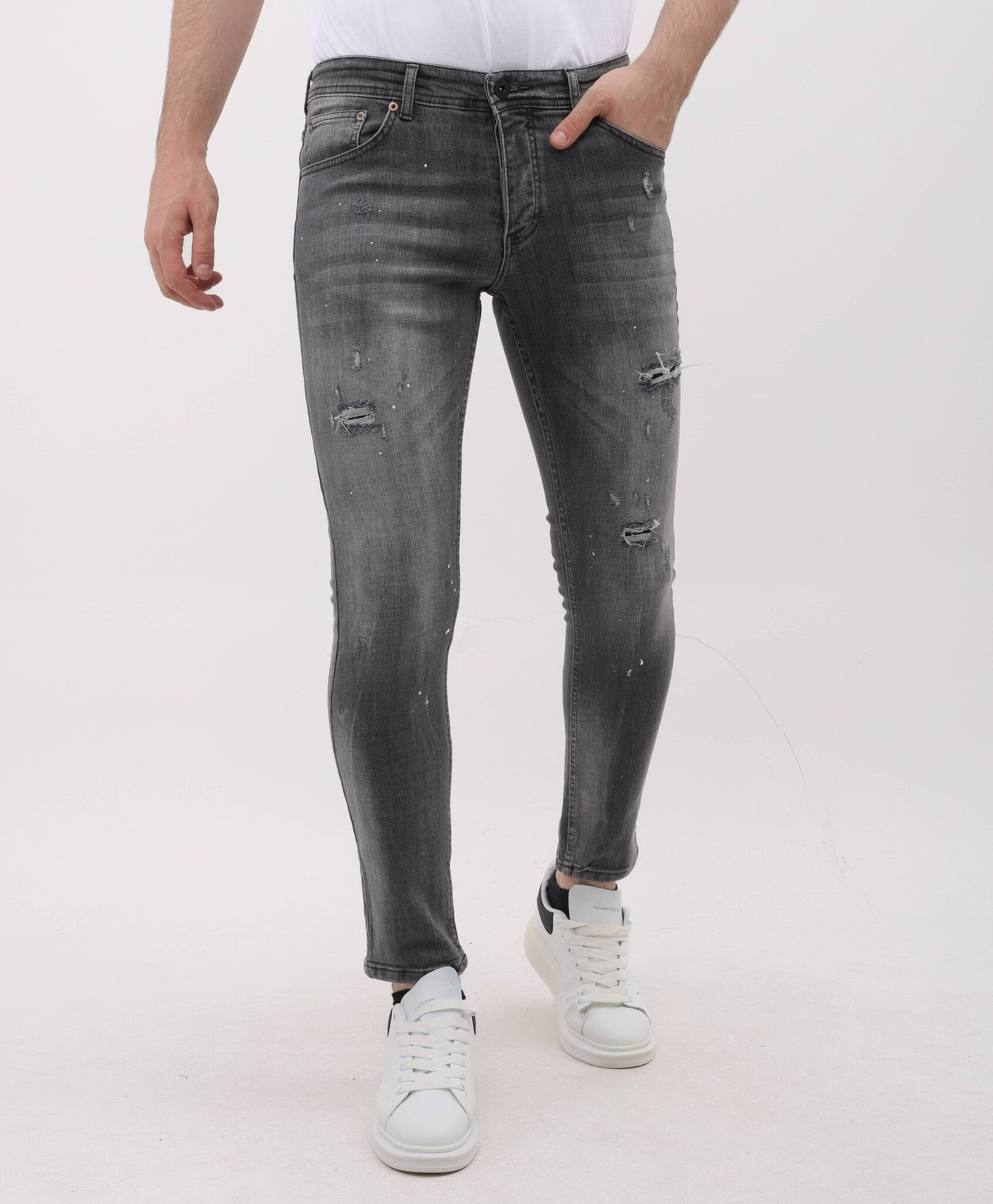 Stonewashed Slim Fit Jeans Med Rips Herr - MM-S- - Grå