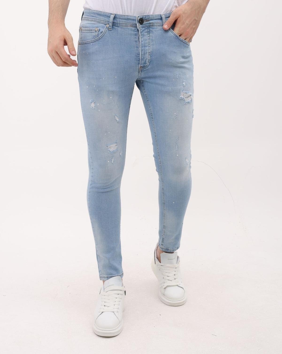 Slim Fit Stretch Jeans För Män Med Färg Och Hål - MM-S- - Blå