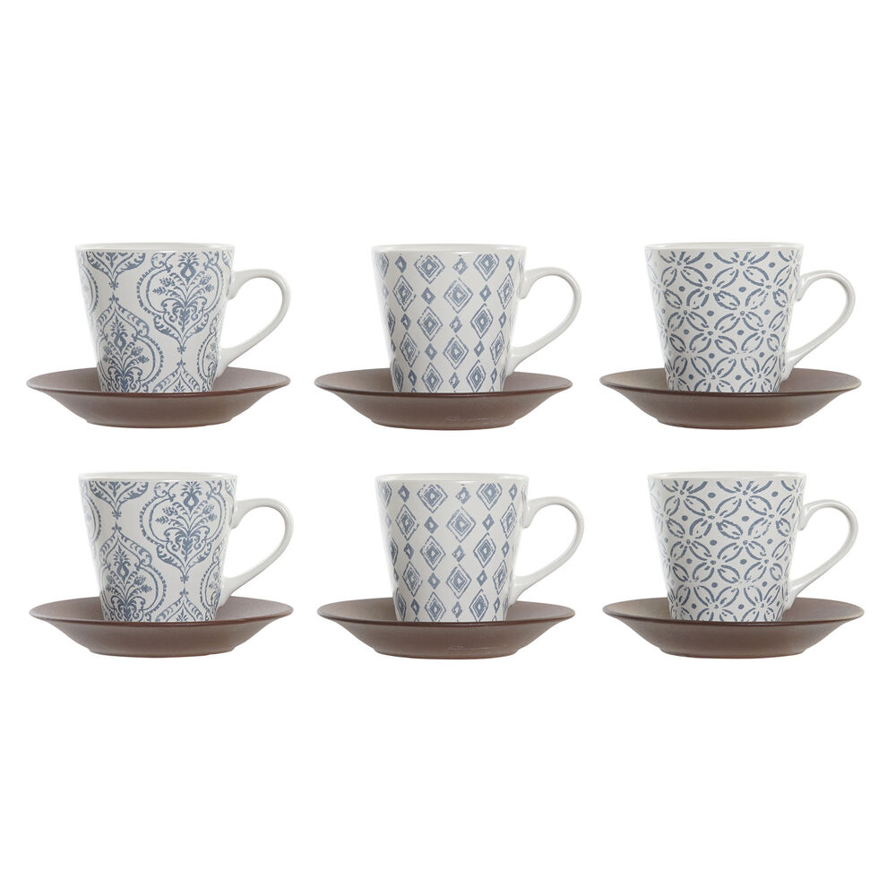 Set med kaffekoppar DKD Home Decor Blå Vit Brun Gummiträ Stengods 150 ml