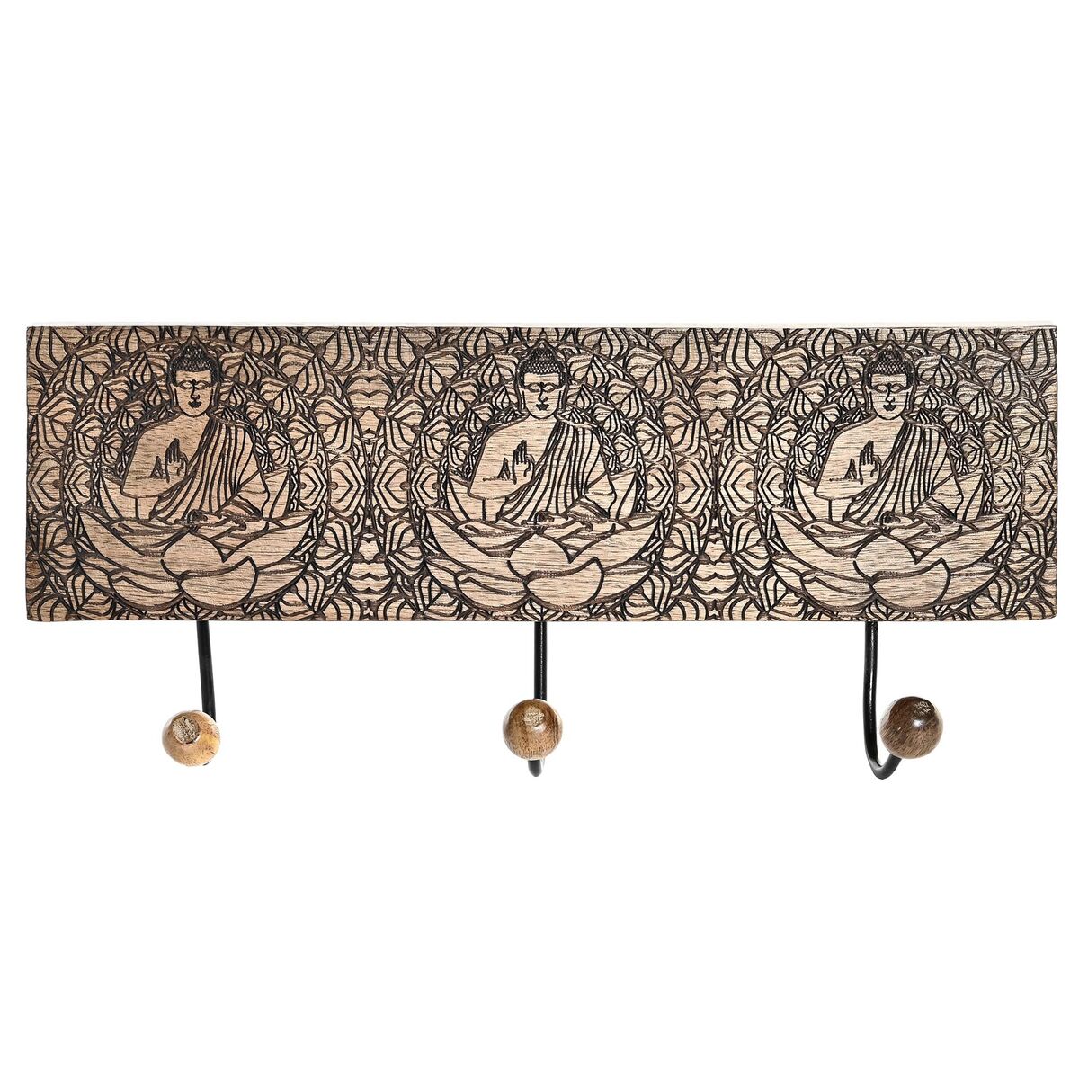 Väggmonterad rockhängare DKD Home Decor Metall Mangoträ Naturell Buddha Orientalisk 38 x 6 x 18 cm