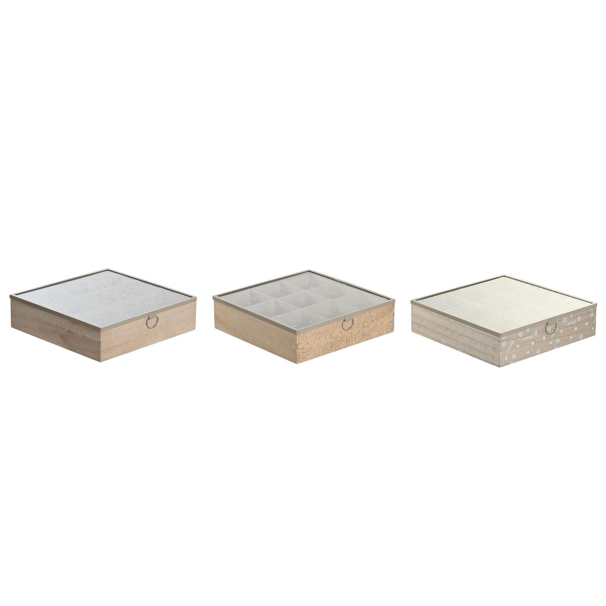 Låda för örtte DKD Home Decor 24 x 24 x 6,5 cm Glas Naturell Blå Rosa Metall Vit 3 Delar Trä MDF
