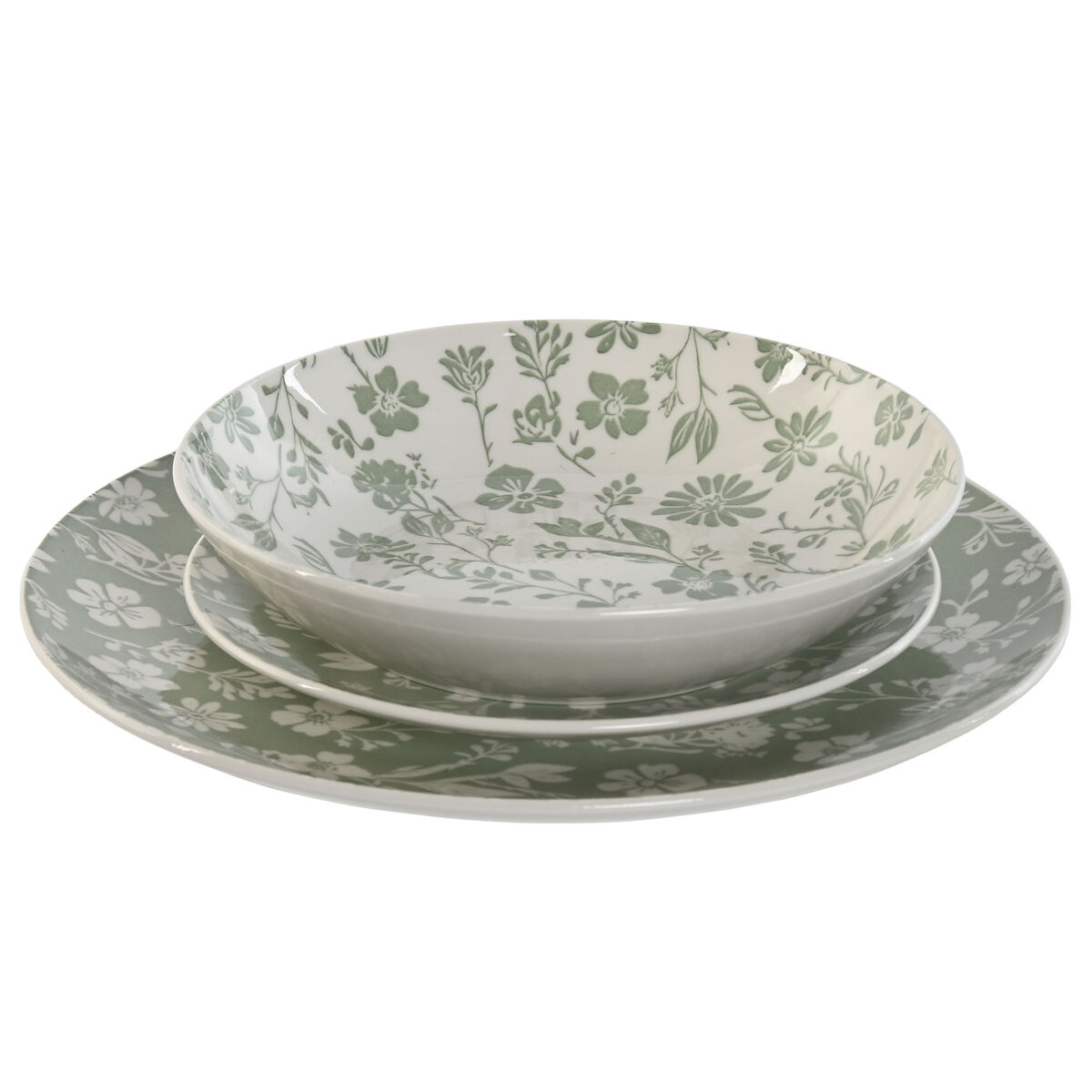 Servissats Home ESPRIT Vit Grön Porslin Blommig 27 x 27 x 2 cm 18 Delar