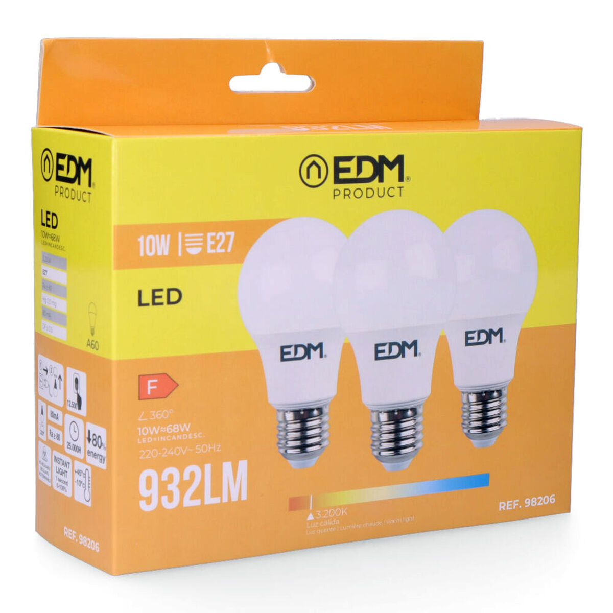 Förpackning med 3 LED-lampor EDM 98206 F 60 W 10 W E27 810 Lm 932 Lm Ø 6 x 10,8 cm (3200 K)