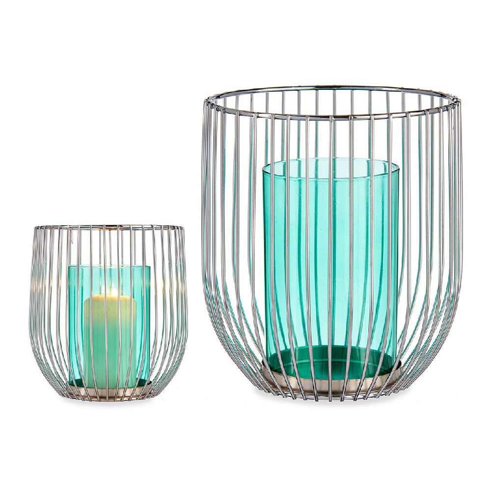 Ljusstakar Silvrig Blå Bur Metall Glas (15 x 17 x 15 cm)