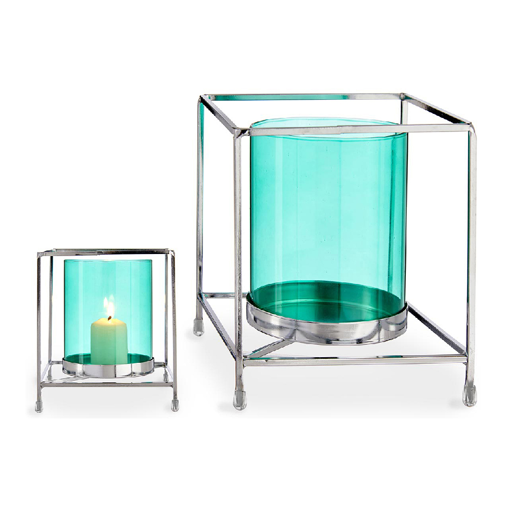 Ljusstakar Fyrkantig Silvrig Blå 14 x 15,5 x 14 cm Metall Glas