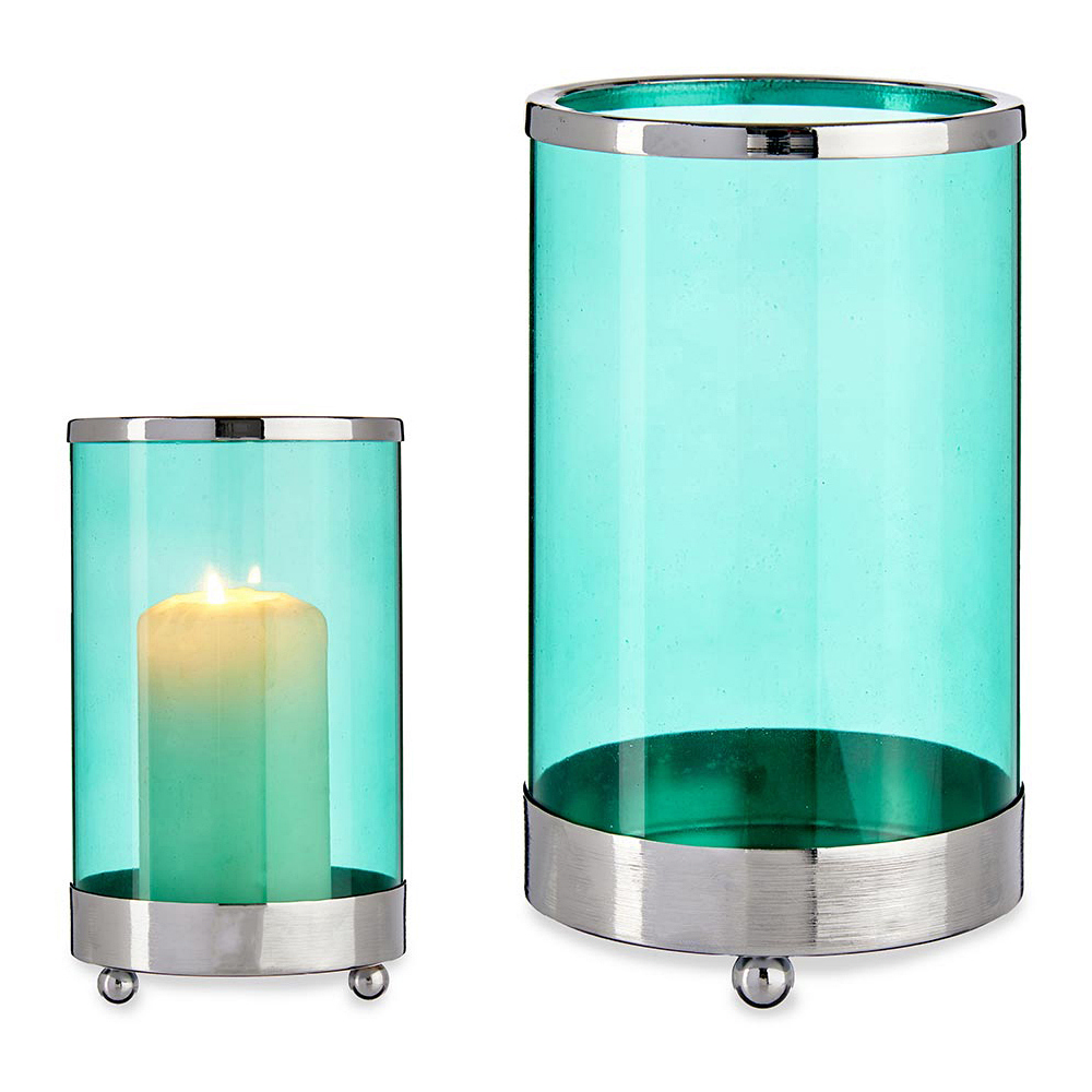 Ljusstakar Silvrig Blå Cylinder Metall Glas (9,7 x 16,5 x 9,7 cm)