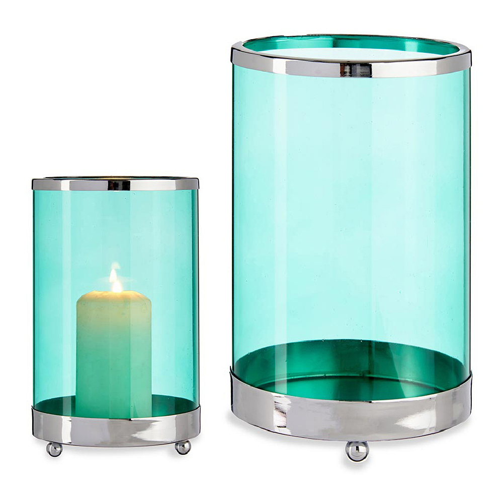 Ljusstakar Silvrig Blå Cylinder 12,2 x 19,5 x 12,2 cm Metall Glas